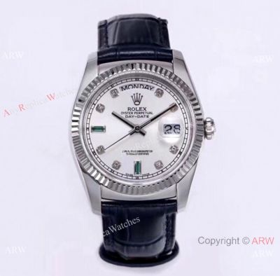 Premium Quality Rolex Ruby Day-Date Blue Leather Strap Green Diamond Watch Swiss 2836-2